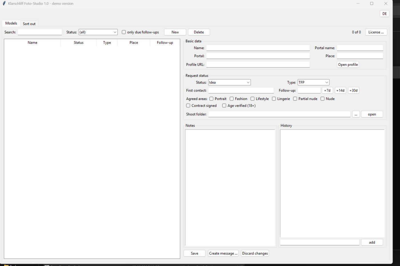 Klarschliff Foto-Studio: model management with records, request status, notes and history.