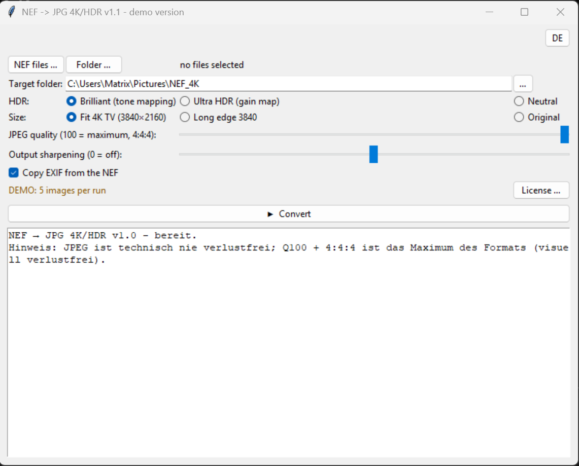 Klarschliff NEF2JPG4K: choose NEF files, HDR and size mode, JPEG quality and output sharpening.